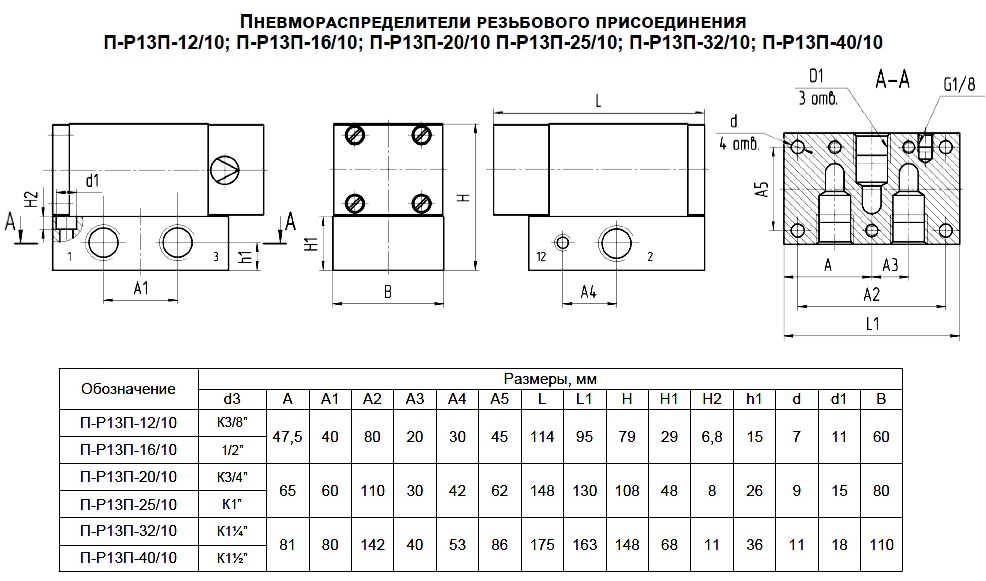 Пневмораспределитель П-Р13П-12(16,20,25,32,40) схема, размеры