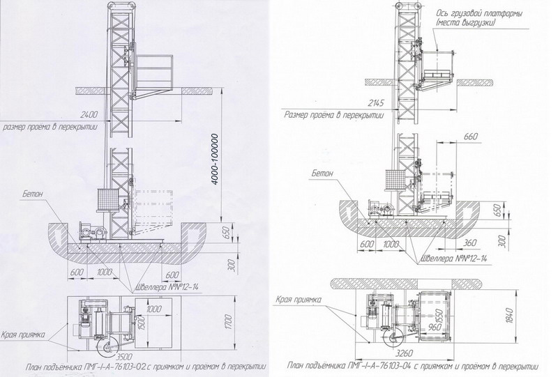 Строительный мачтовый подъемник ТЭМЗ ПМГ-1-Б-76103-04, размеры.